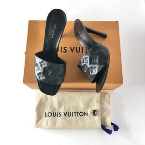 Louis Vuitton Revival Monogram Emboss Black Leather Heeled Mules Sandals 40